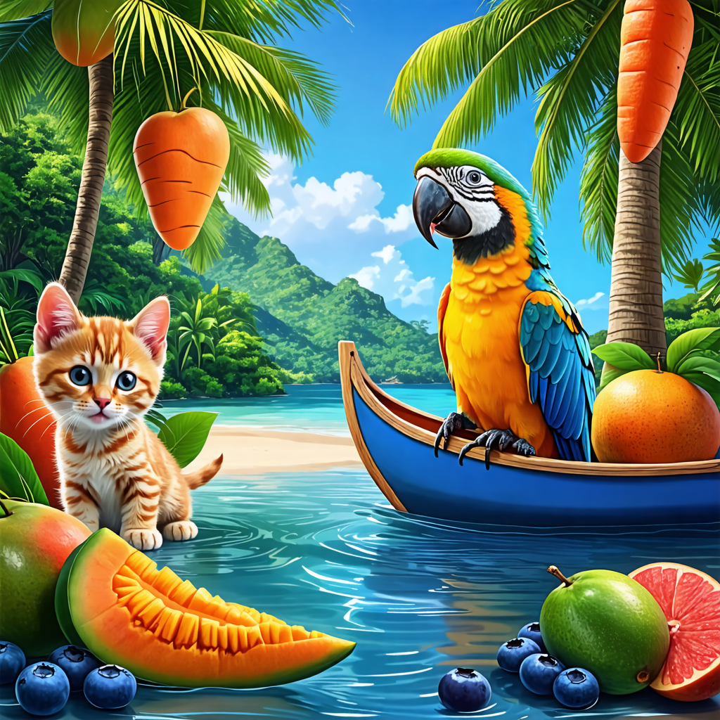 mango, kitten, snake, dartboard, parrot, canoe, carrot, blueberry, shark, palm tree